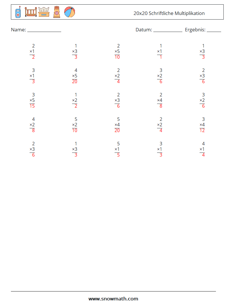 (25) 20x20 Schriftliche Multiplikation Mathe-Arbeitsblätter 11 Frage, Antwort