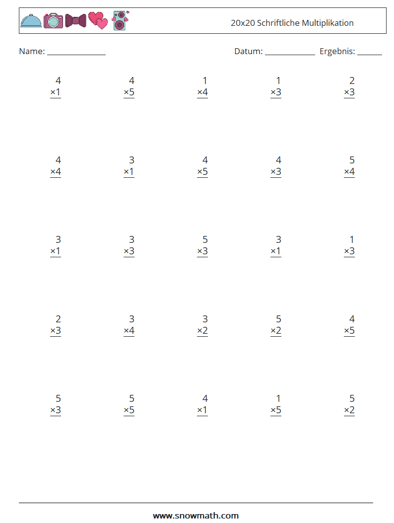 (25) 20x20 Schriftliche Multiplikation Mathe-Arbeitsblätter 12