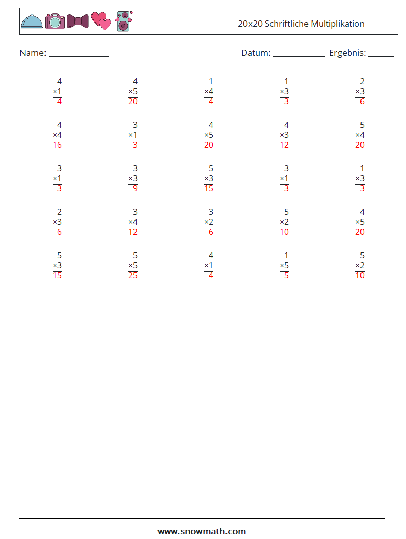 (25) 20x20 Schriftliche Multiplikation Mathe-Arbeitsblätter 12 Frage, Antwort