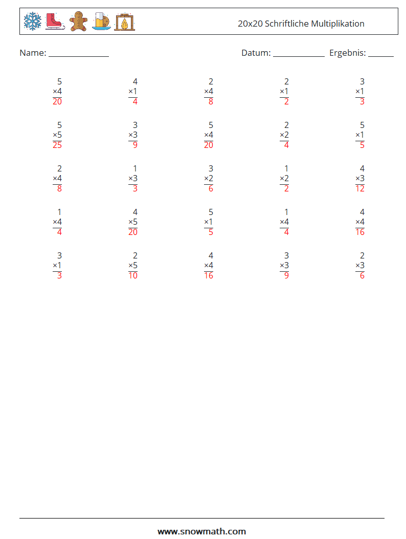 (25) 20x20 Schriftliche Multiplikation Mathe-Arbeitsblätter 13 Frage, Antwort
