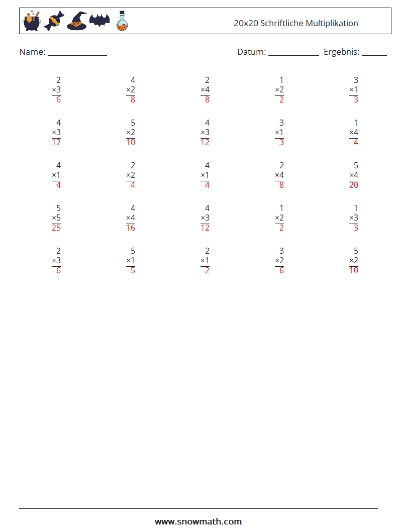 (25) 20x20 Schriftliche Multiplikation Mathe-Arbeitsblätter 14 Frage, Antwort