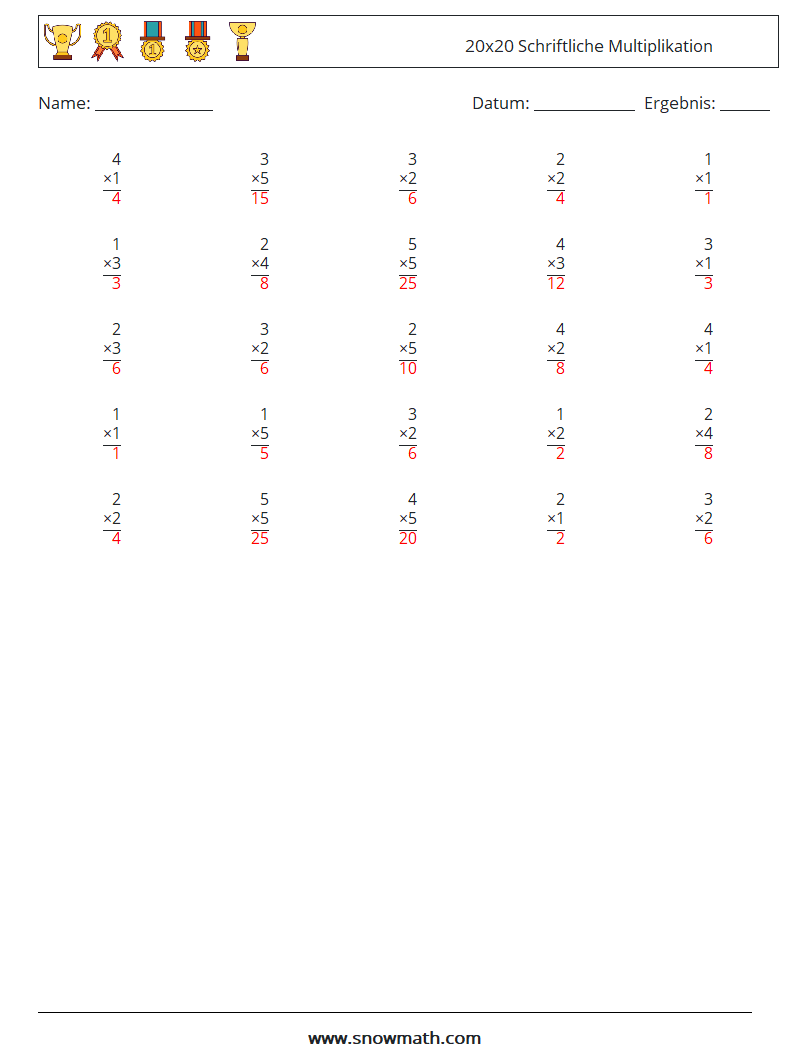 (25) 20x20 Schriftliche Multiplikation Mathe-Arbeitsblätter 15 Frage, Antwort