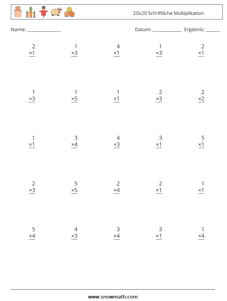 (25) 20x20 Schriftliche Multiplikation Mathe-Arbeitsblätter 16