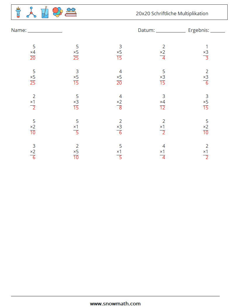 (25) 20x20 Schriftliche Multiplikation Mathe-Arbeitsblätter 18 Frage, Antwort