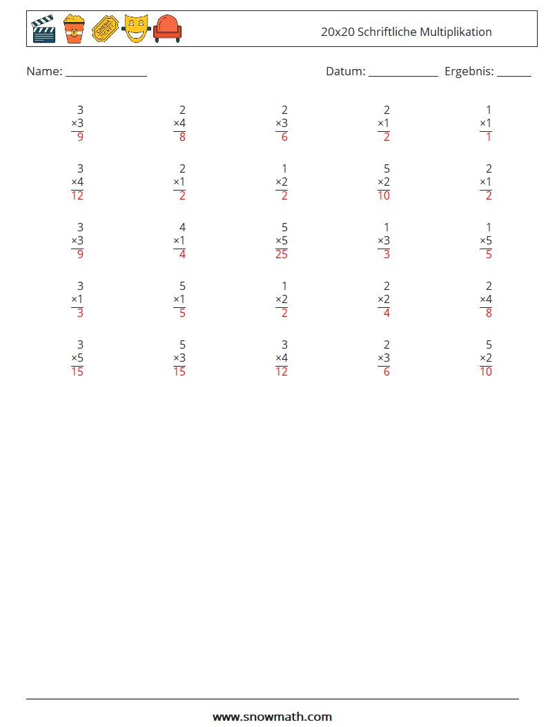 (25) 20x20 Schriftliche Multiplikation Mathe-Arbeitsblätter 1 Frage, Antwort