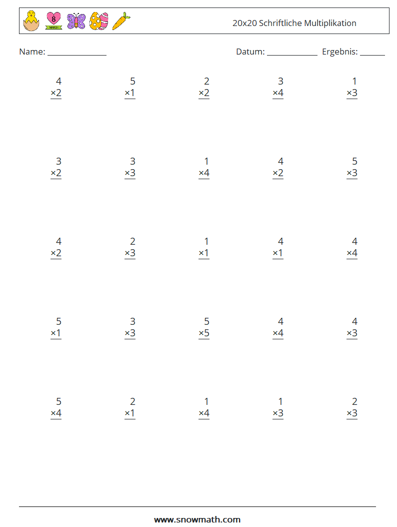 (25) 20x20 Schriftliche Multiplikation Mathe-Arbeitsblätter 2