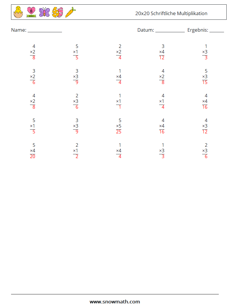(25) 20x20 Schriftliche Multiplikation Mathe-Arbeitsblätter 2 Frage, Antwort