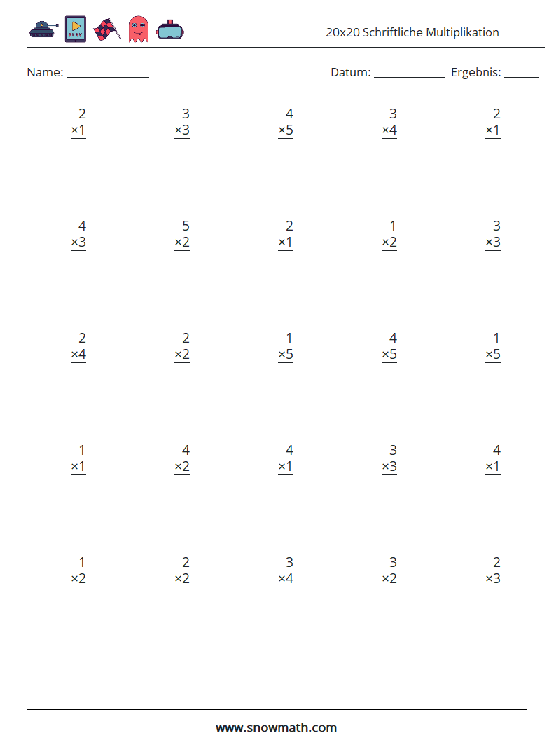 (25) 20x20 Schriftliche Multiplikation Mathe-Arbeitsblätter 3