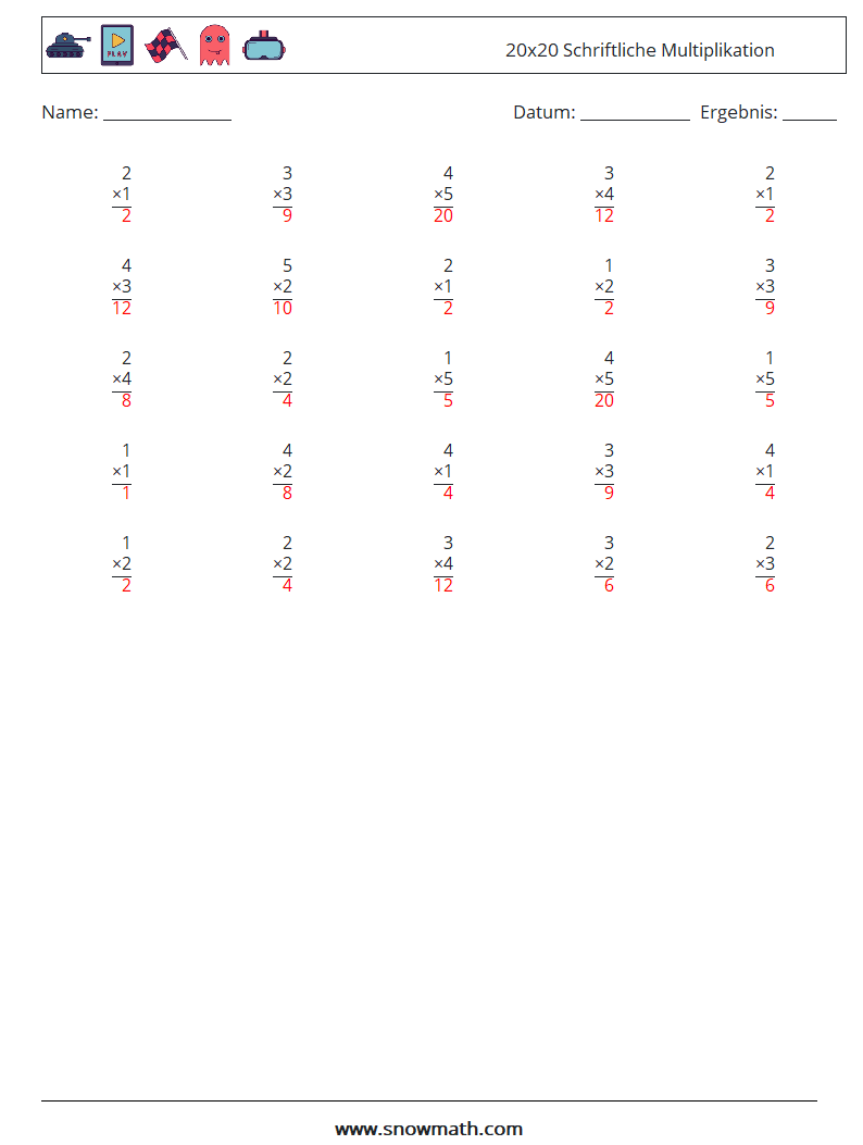 (25) 20x20 Schriftliche Multiplikation Mathe-Arbeitsblätter 3 Frage, Antwort