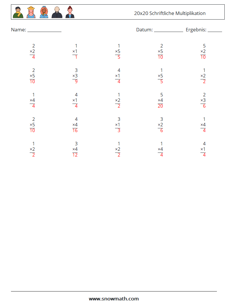 (25) 20x20 Schriftliche Multiplikation Mathe-Arbeitsblätter 4 Frage, Antwort