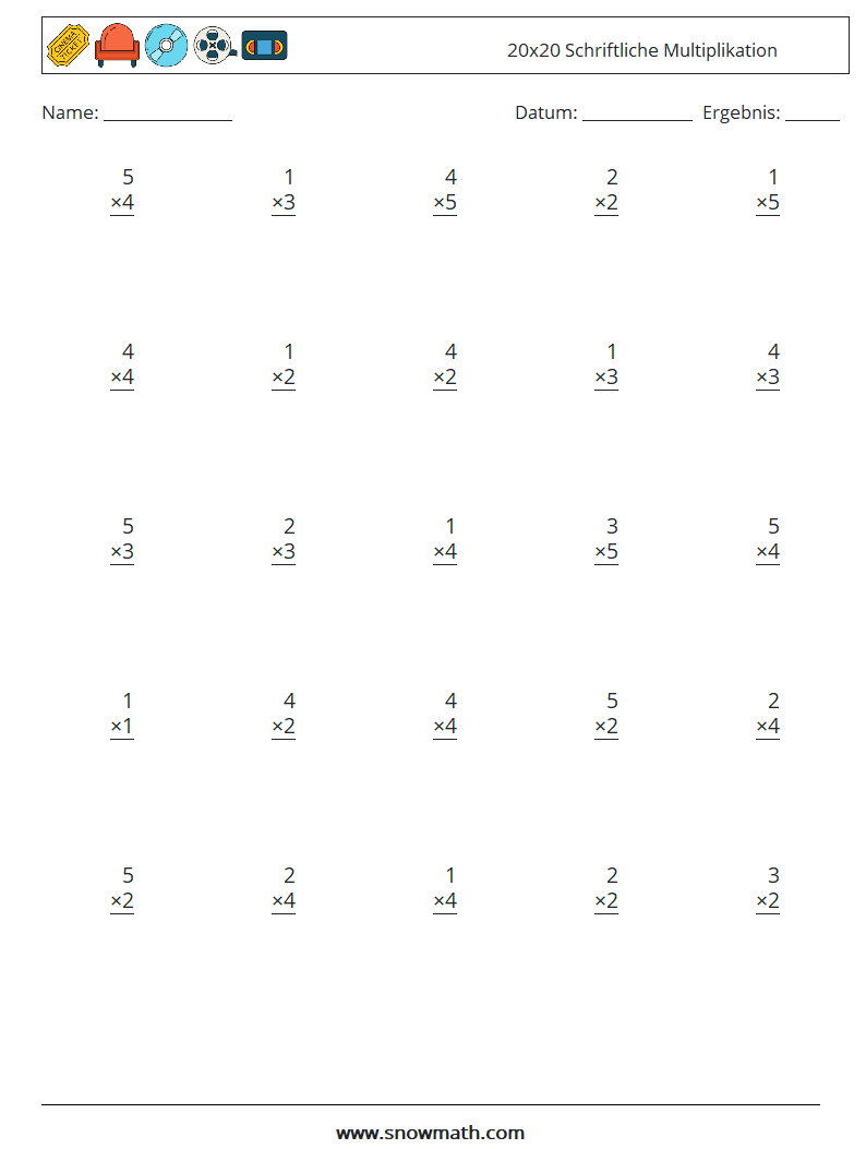(25) 20x20 Schriftliche Multiplikation Mathe-Arbeitsblätter 5