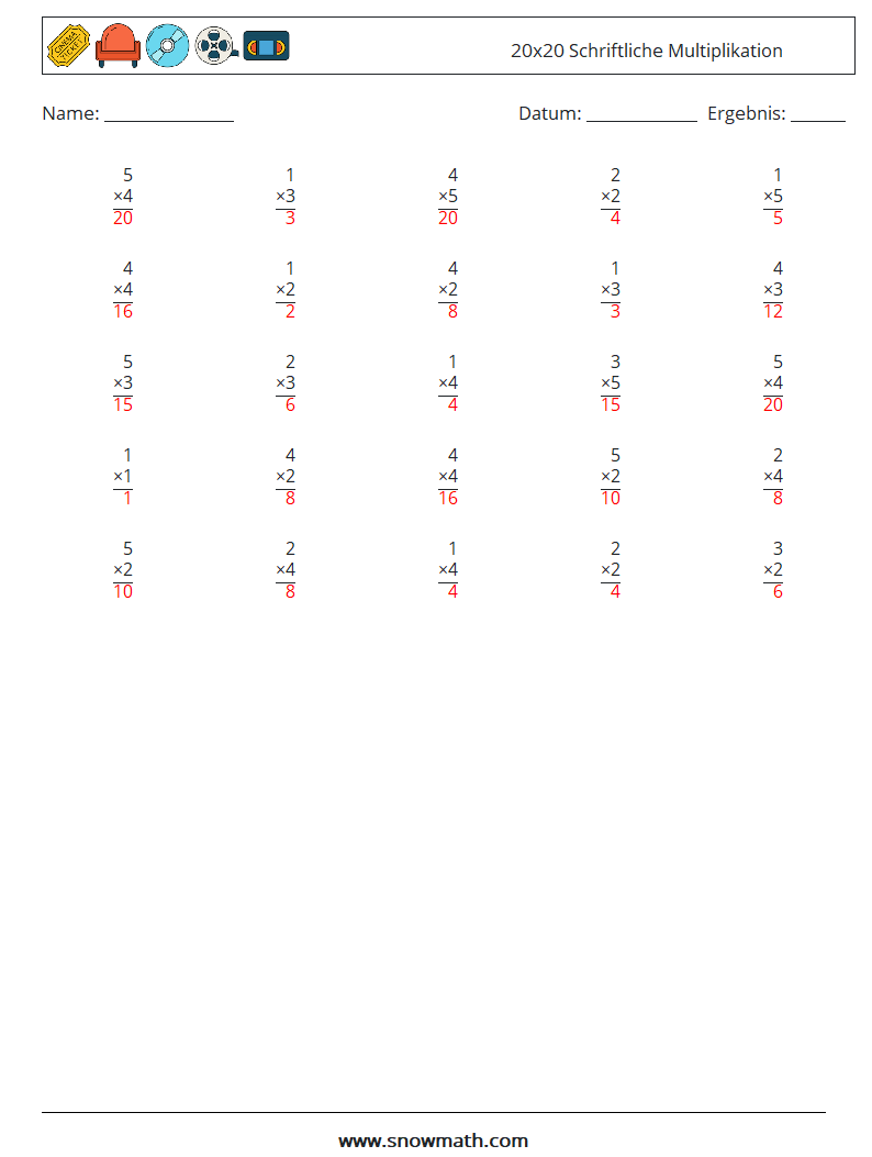 (25) 20x20 Schriftliche Multiplikation Mathe-Arbeitsblätter 5 Frage, Antwort