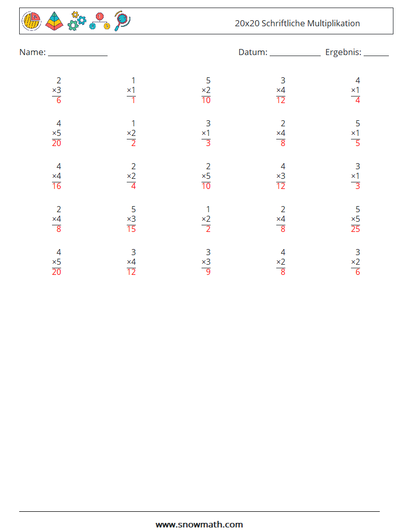 (25) 20x20 Schriftliche Multiplikation Mathe-Arbeitsblätter 6 Frage, Antwort