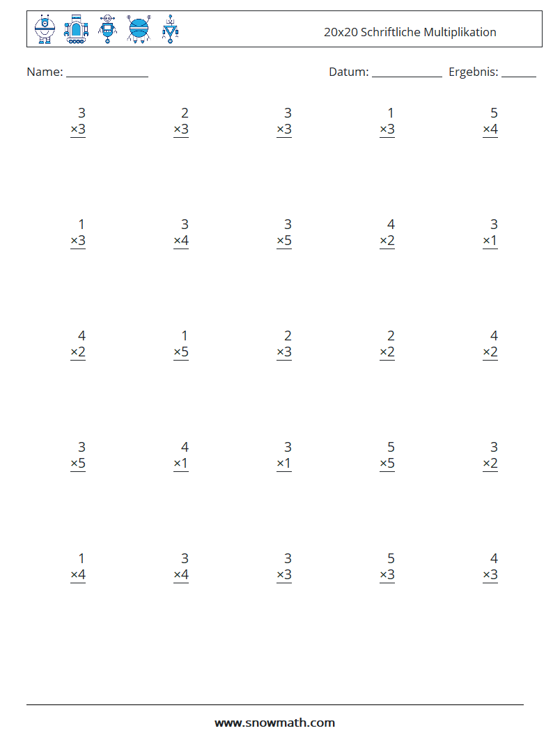 (25) 20x20 Schriftliche Multiplikation Mathe-Arbeitsblätter 7