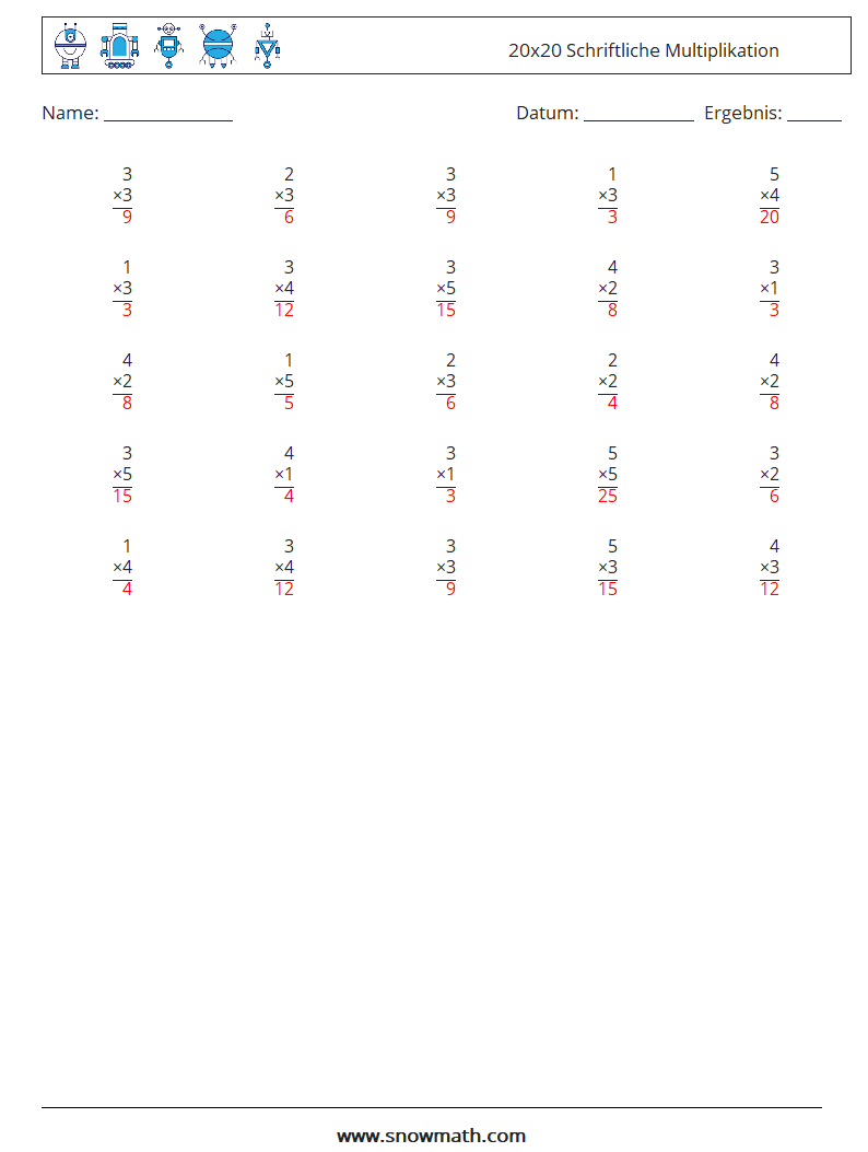 (25) 20x20 Schriftliche Multiplikation Mathe-Arbeitsblätter 7 Frage, Antwort
