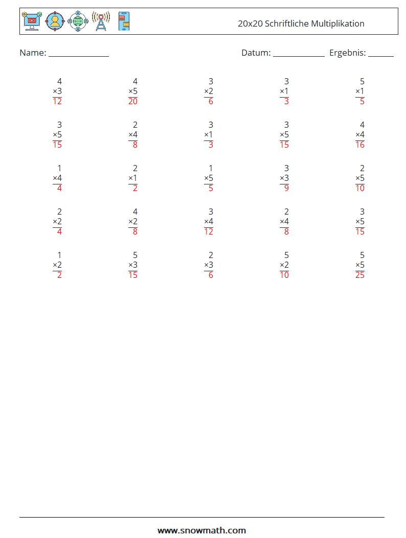 (25) 20x20 Schriftliche Multiplikation Mathe-Arbeitsblätter 8 Frage, Antwort