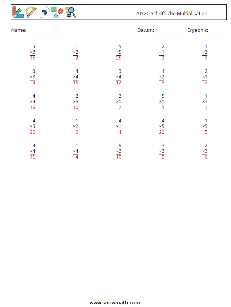 (25) 20x20 Schriftliche Multiplikation Mathe-Arbeitsblätter 9 Frage, Antwort