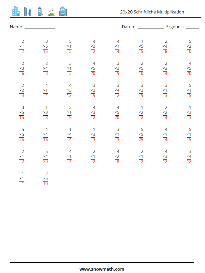 (50) 20x20 Schriftliche Multiplikation Mathe-Arbeitsblätter 10 Frage, Antwort