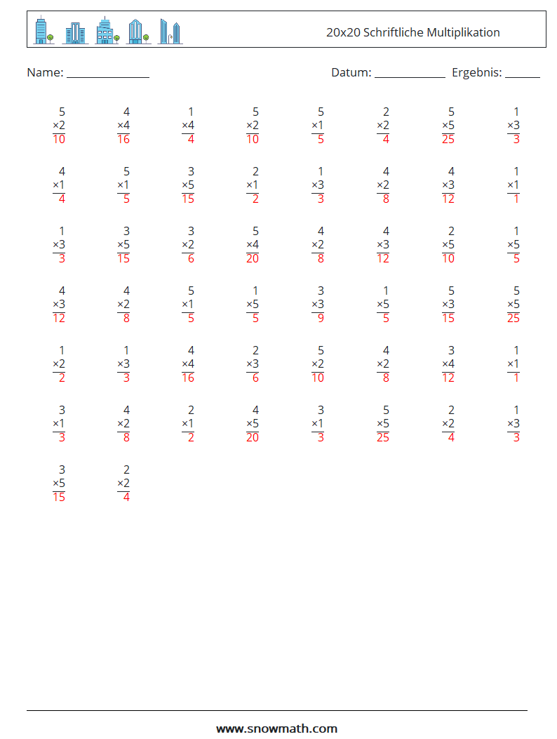 (50) 20x20 Schriftliche Multiplikation Mathe-Arbeitsblätter 12 Frage, Antwort