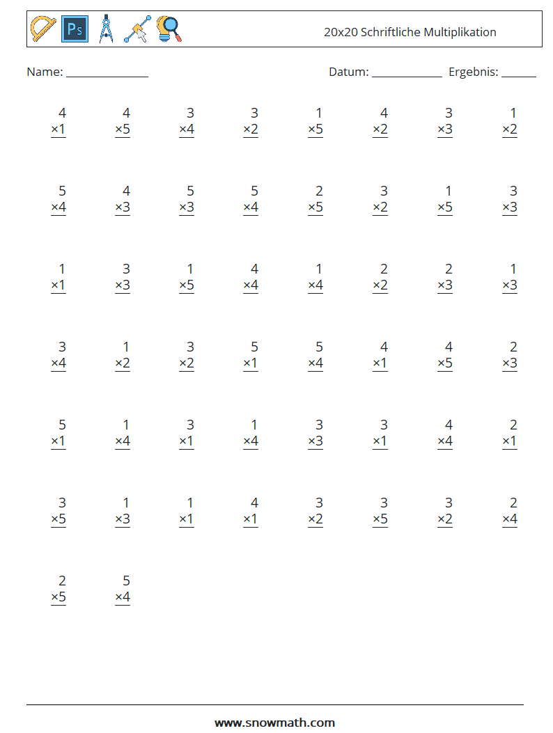 (50) 20x20 Schriftliche Multiplikation Mathe-Arbeitsblätter 13