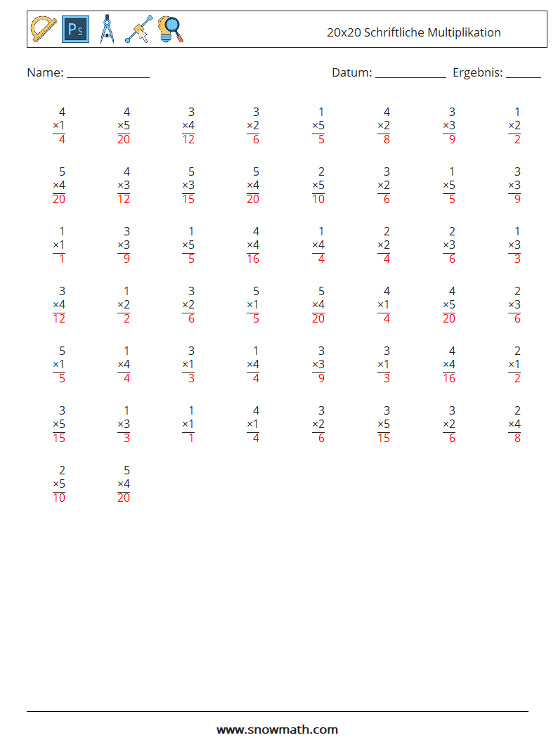 (50) 20x20 Schriftliche Multiplikation Mathe-Arbeitsblätter 13 Frage, Antwort