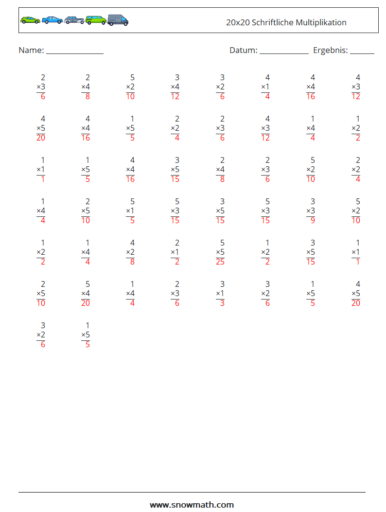 (50) 20x20 Schriftliche Multiplikation Mathe-Arbeitsblätter 14 Frage, Antwort