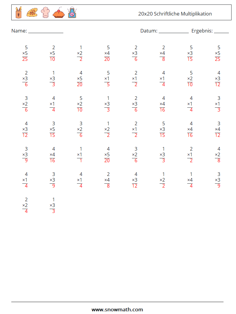 (50) 20x20 Schriftliche Multiplikation Mathe-Arbeitsblätter 15 Frage, Antwort