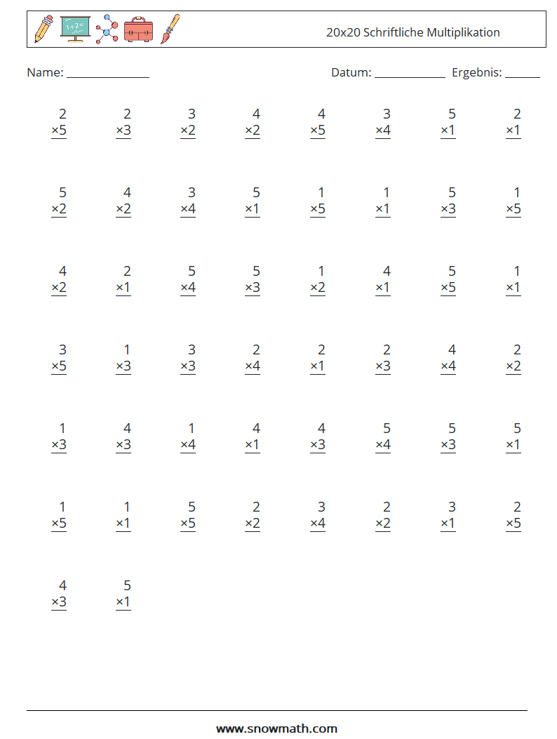 (50) 20x20 Schriftliche Multiplikation Mathe-Arbeitsblätter 16