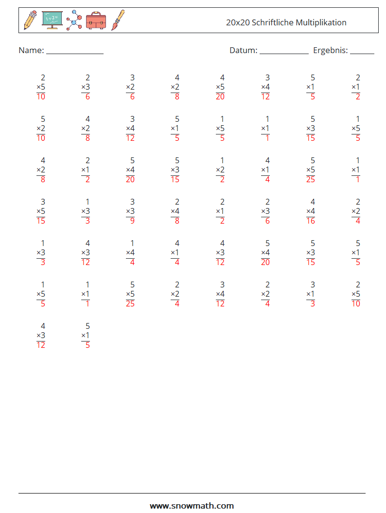 (50) 20x20 Schriftliche Multiplikation Mathe-Arbeitsblätter 16 Frage, Antwort
