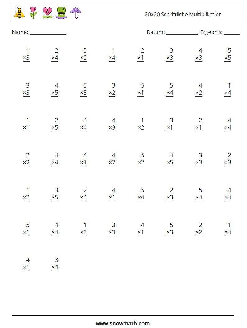 (50) 20x20 Schriftliche Multiplikation Mathe-Arbeitsblätter 17