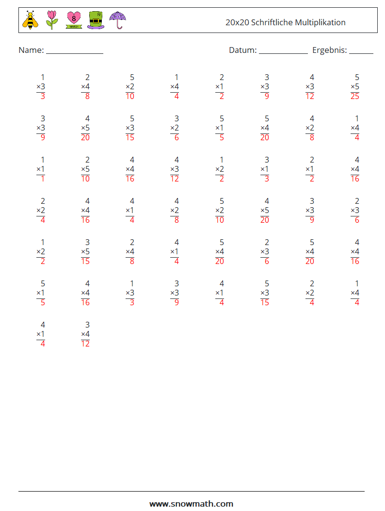 (50) 20x20 Schriftliche Multiplikation Mathe-Arbeitsblätter 17 Frage, Antwort
