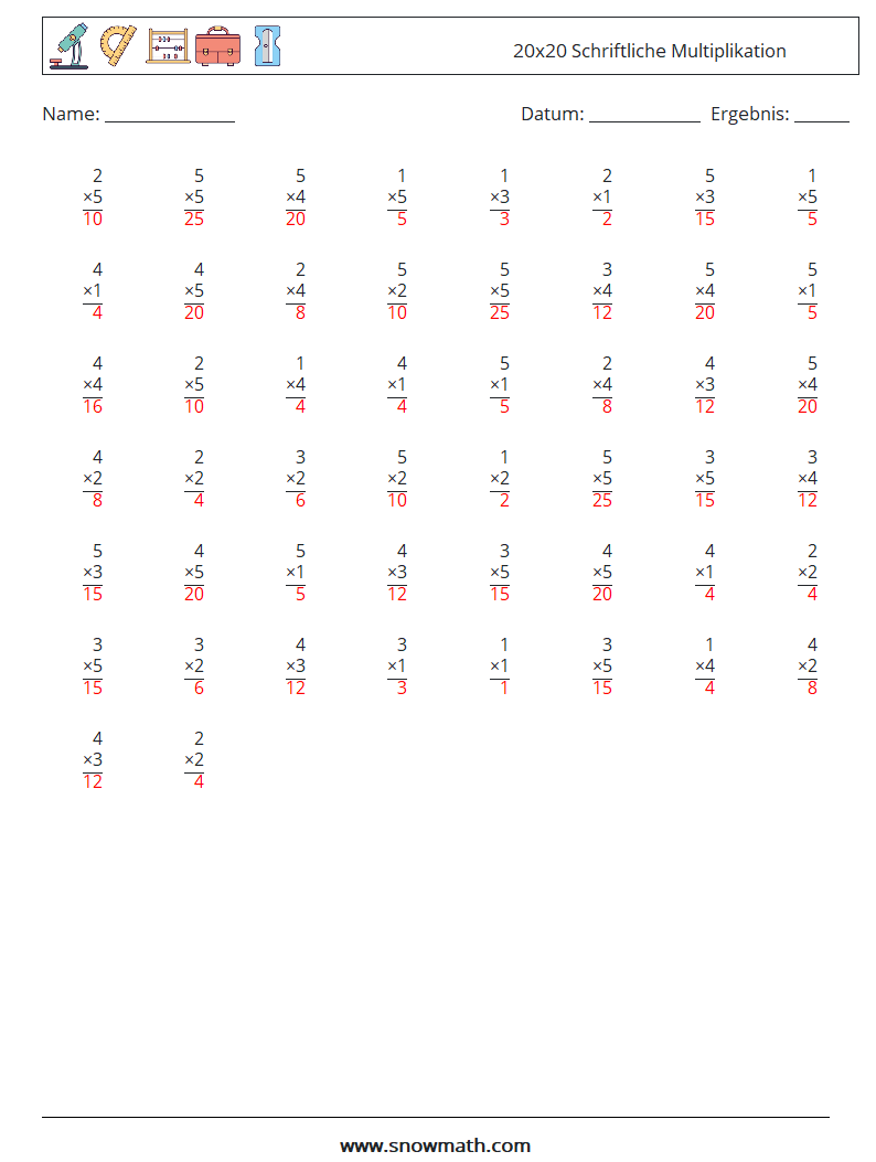 (50) 20x20 Schriftliche Multiplikation Mathe-Arbeitsblätter 3 Frage, Antwort