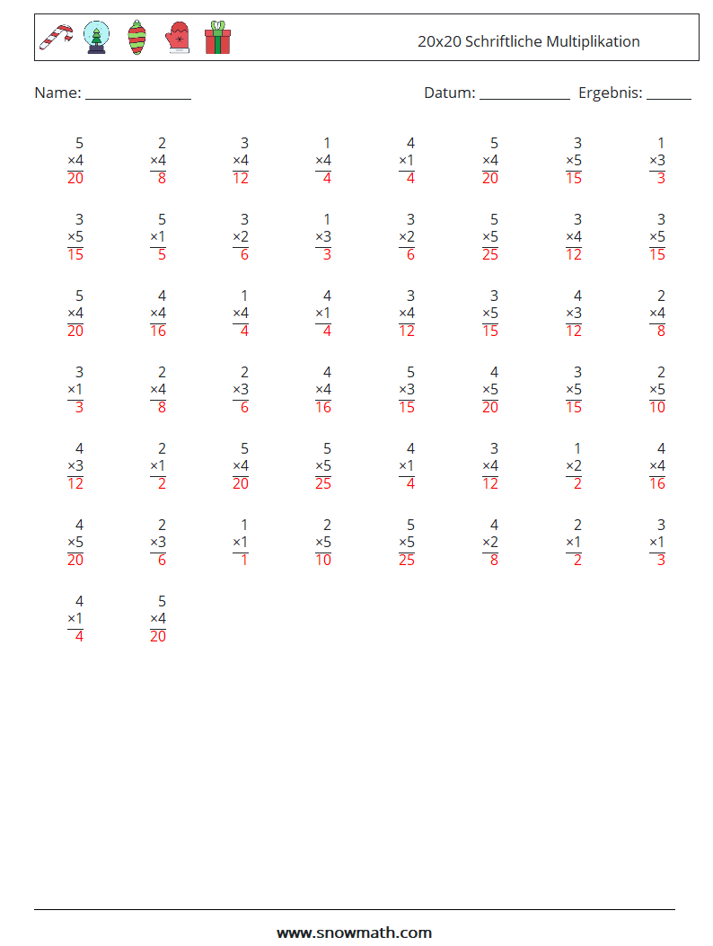 (50) 20x20 Schriftliche Multiplikation Mathe-Arbeitsblätter 4 Frage, Antwort