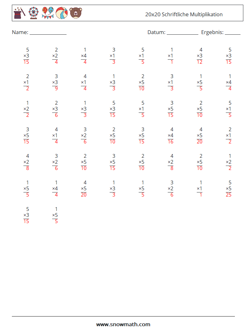 (50) 20x20 Schriftliche Multiplikation Mathe-Arbeitsblätter 5 Frage, Antwort
