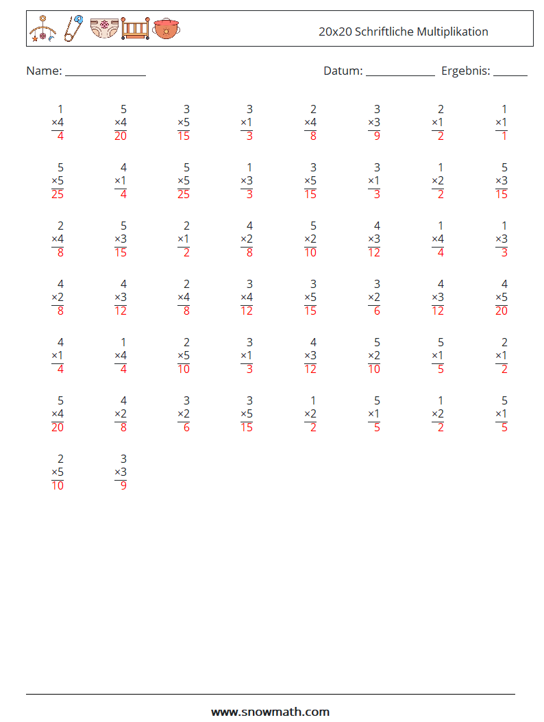 (50) 20x20 Schriftliche Multiplikation Mathe-Arbeitsblätter 6 Frage, Antwort