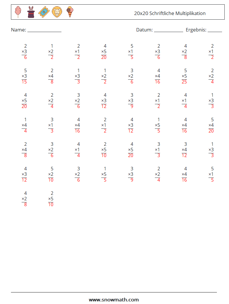 (50) 20x20 Schriftliche Multiplikation Mathe-Arbeitsblätter 7 Frage, Antwort