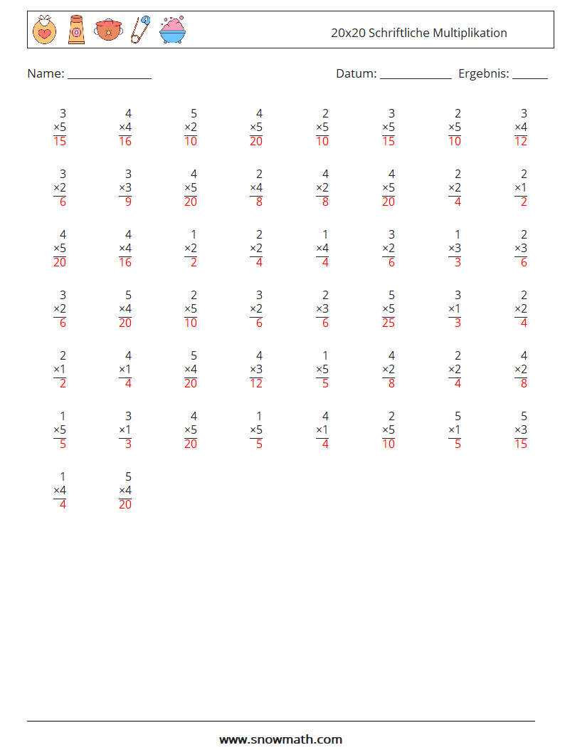 (50) 20x20 Schriftliche Multiplikation Mathe-Arbeitsblätter 8 Frage, Antwort