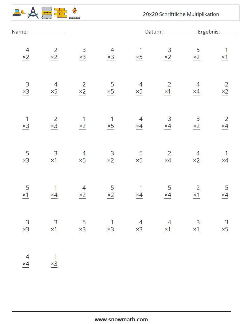 (50) 20x20 Schriftliche Multiplikation Mathe-Arbeitsblätter 9