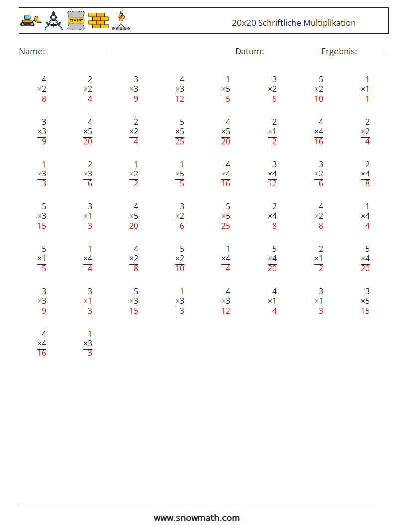 (50) 20x20 Schriftliche Multiplikation Mathe-Arbeitsblätter 9 Frage, Antwort