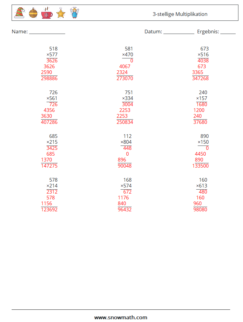 (12) 3-stellige Multiplikation Mathe-Arbeitsblätter 11 Frage, Antwort