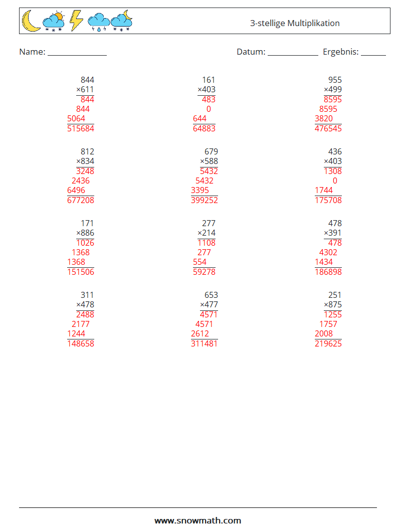 (12) 3-stellige Multiplikation Mathe-Arbeitsblätter 14 Frage, Antwort