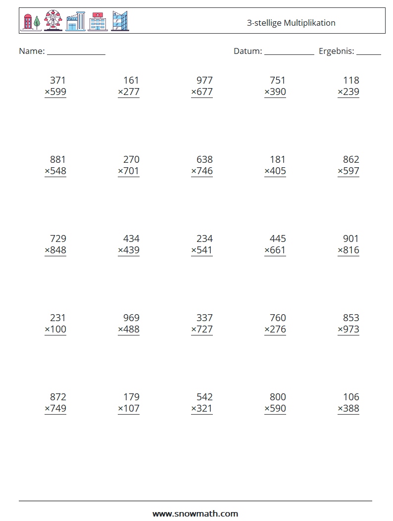 (25) 3-stellige Multiplikation Mathe-Arbeitsblätter 10