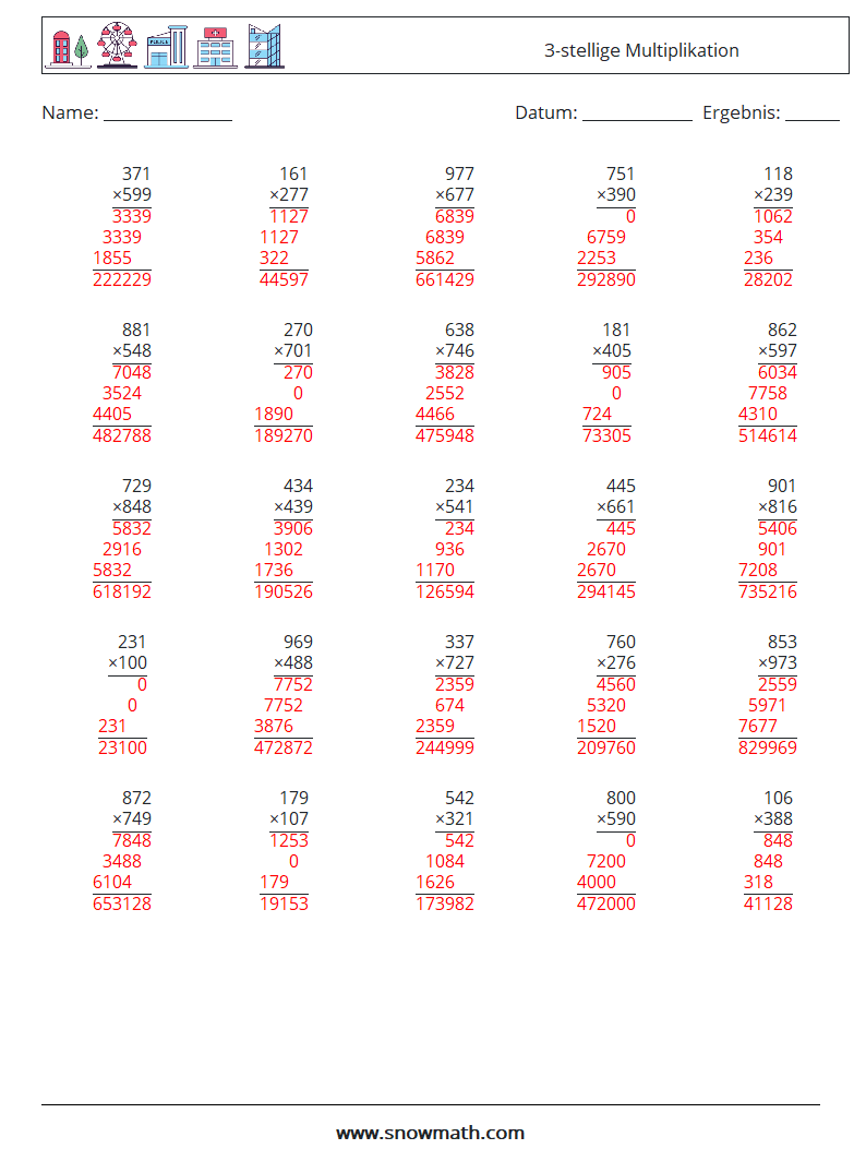 (25) 3-stellige Multiplikation Mathe-Arbeitsblätter 10 Frage, Antwort