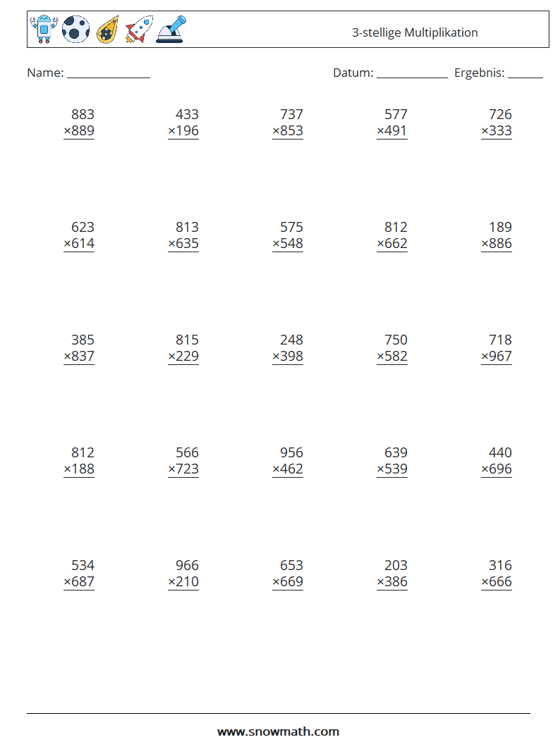 (25) 3-stellige Multiplikation Mathe-Arbeitsblätter 12