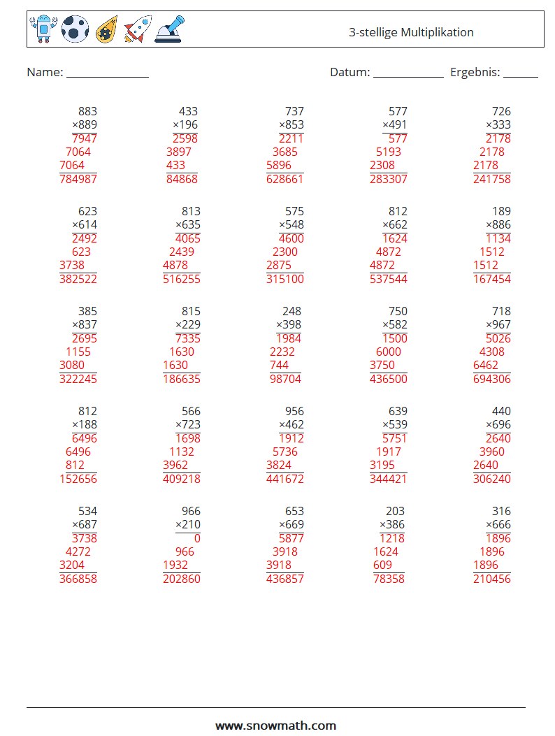 (25) 3-stellige Multiplikation Mathe-Arbeitsblätter 12 Frage, Antwort