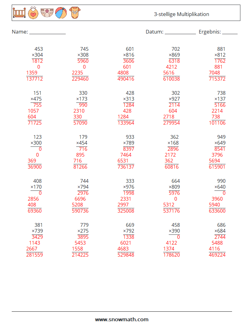 (25) 3-stellige Multiplikation Mathe-Arbeitsblätter 13 Frage, Antwort