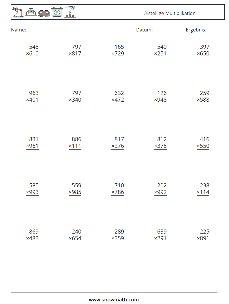 (25) 3-stellige Multiplikation Mathe-Arbeitsblätter 14