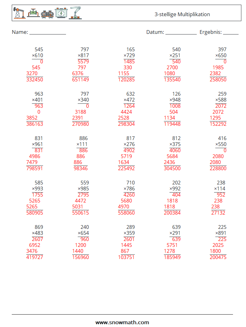 (25) 3-stellige Multiplikation Mathe-Arbeitsblätter 14 Frage, Antwort
