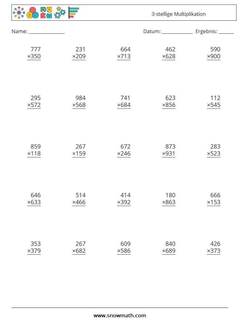 (25) 3-stellige Multiplikation Mathe-Arbeitsblätter 15