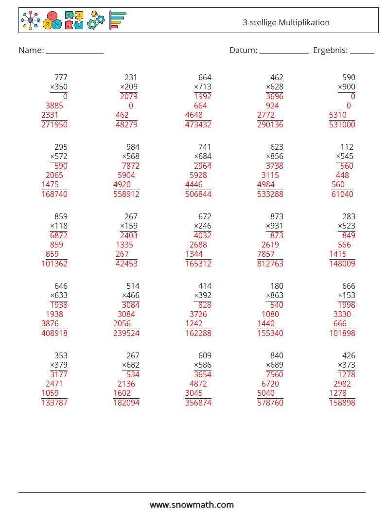 (25) 3-stellige Multiplikation Mathe-Arbeitsblätter 15 Frage, Antwort